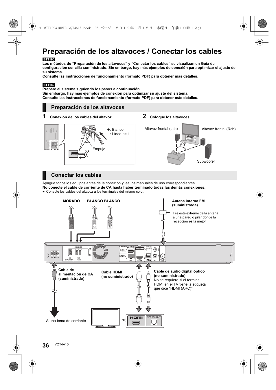 Preparación de los altavoces / conectar los cables, Preparación de los altavoces, Conectar los cables | Panasonic SCBTT182EG User Manual | Page 36 / 100
