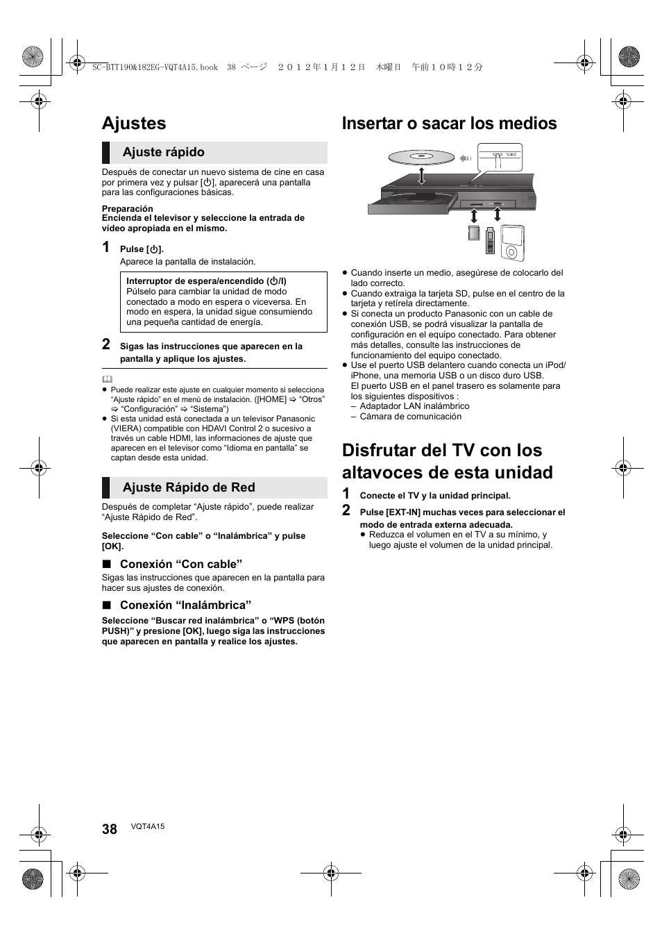 Ajustes, Insertar o sacar los medios, Disfrutar del tv con los altavoces de esta unidad | Ajuste rápido, Ajuste rápido de red | Panasonic SCBTT182EG User Manual | Page 38 / 100
