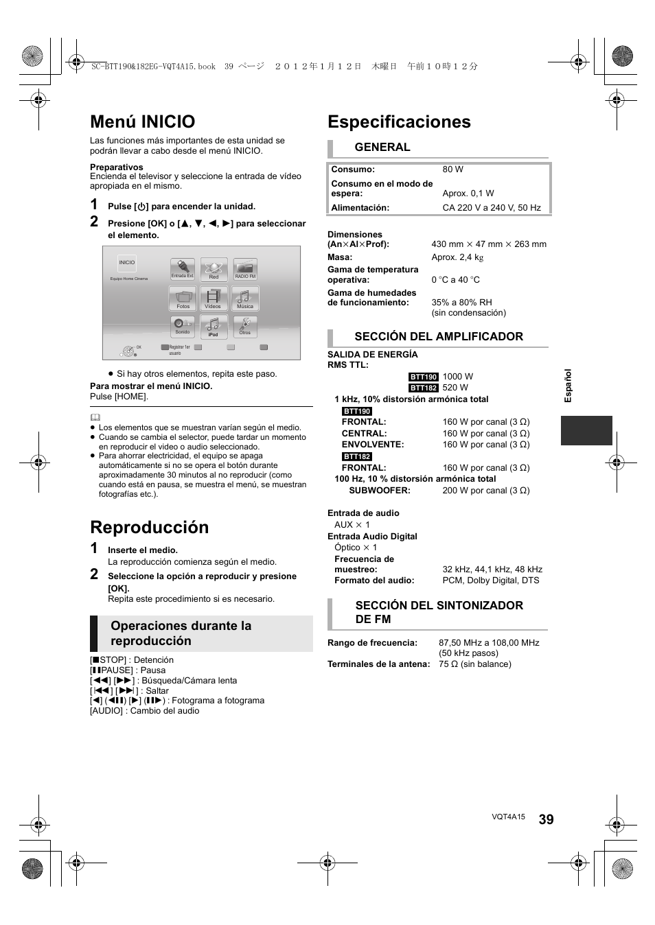 Menú inicio, Reproducción, Especificaciones | Operaciones durante la reproducción, General, Sección del amplificador, Sección del sintonizador de fm | Panasonic SCBTT182EG User Manual | Page 39 / 100
