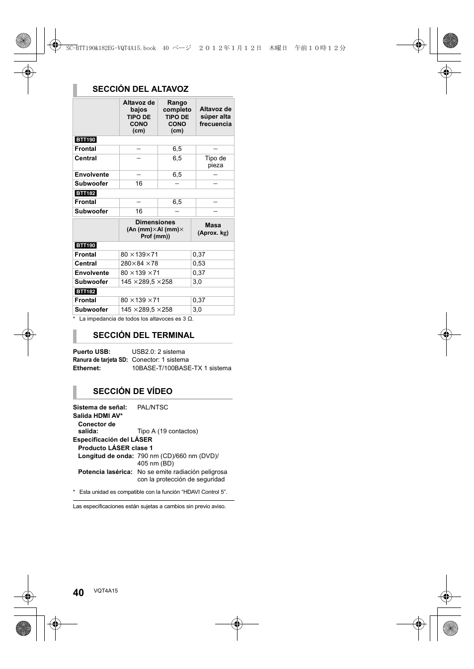 Sección del altavoz, Sección del terminal, Sección de vídeo | Panasonic SCBTT182EG User Manual | Page 40 / 100
