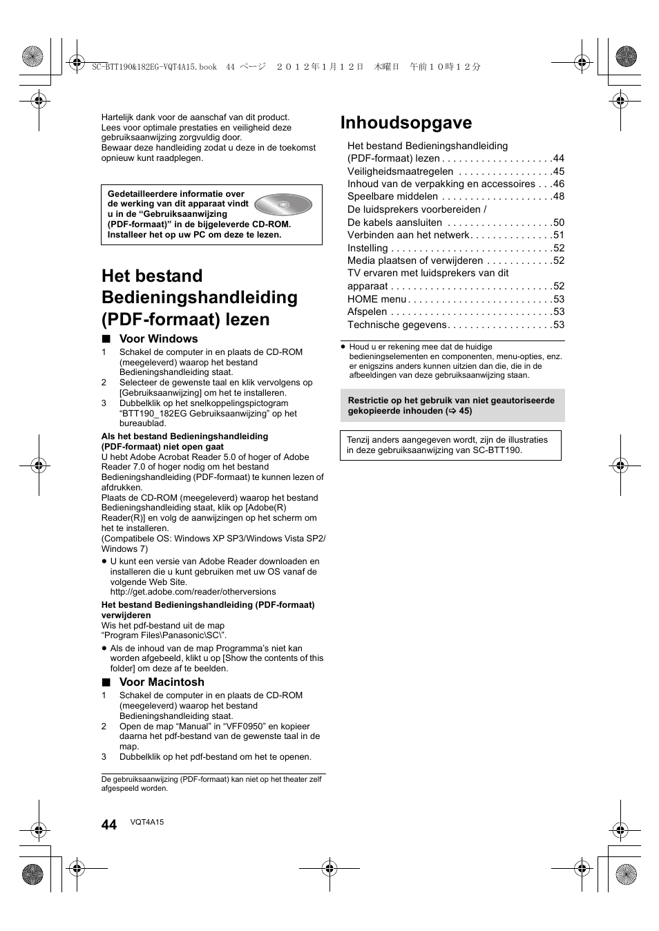 Inhoudsopgave | Panasonic SCBTT182EG User Manual | Page 44 / 100