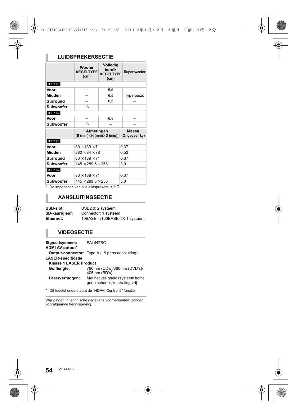 Luidsprekersectie, Aansluitingsectie, Videosectie | Panasonic SCBTT182EG User Manual | Page 54 / 100