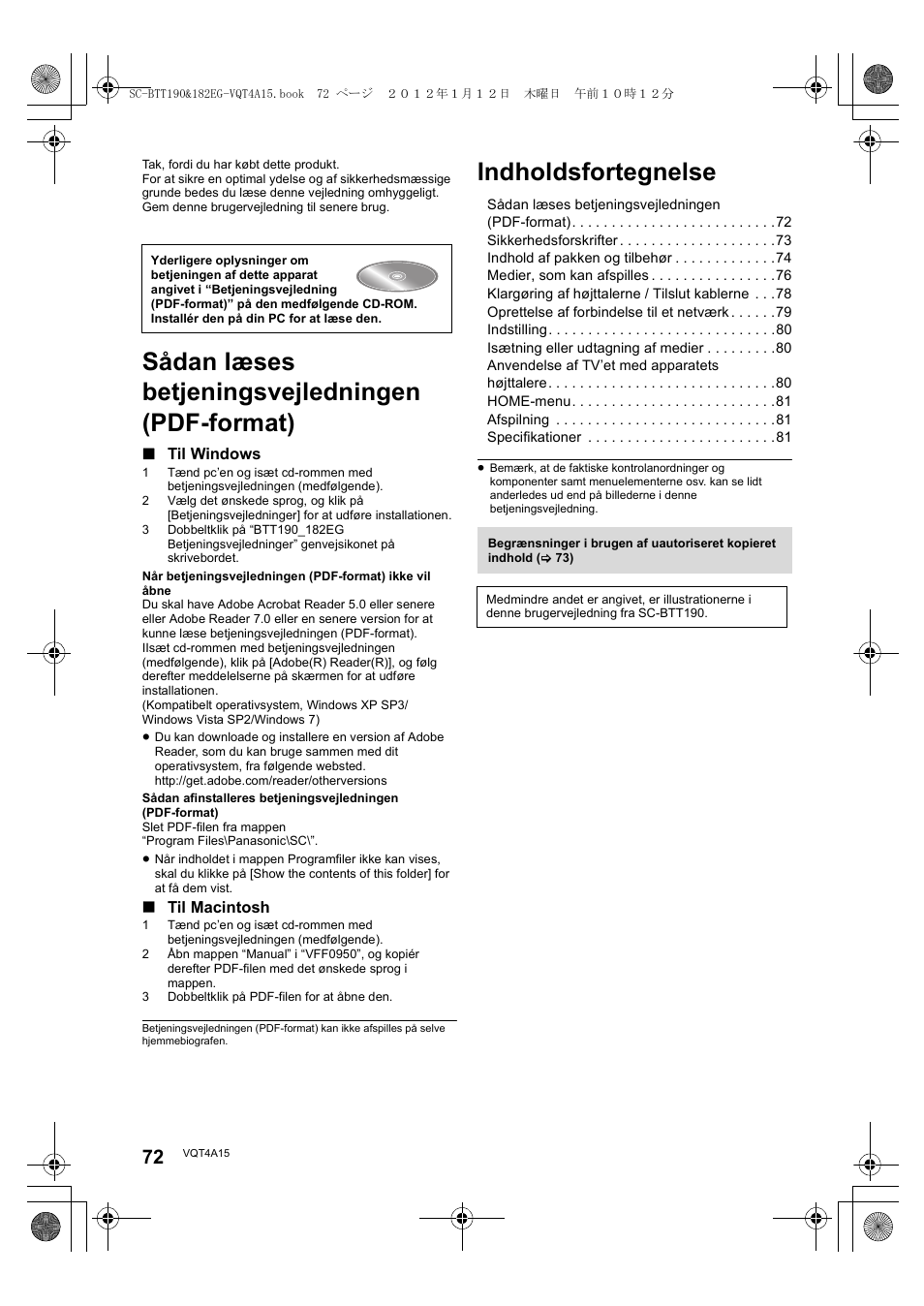 Sådan læses betjeningsvejledningen (pdf-format), Indholdsfortegnelse | Panasonic SCBTT182EG User Manual | Page 72 / 100