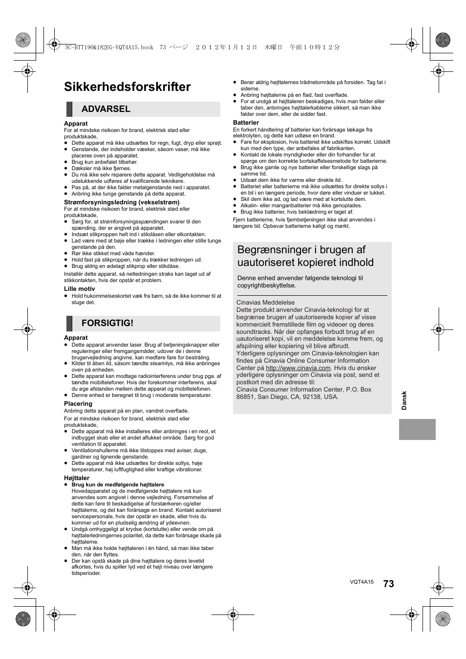 Sikkerhedsforskrifter, Advarsel forsigtig | Panasonic SCBTT182EG User Manual | Page 73 / 100
