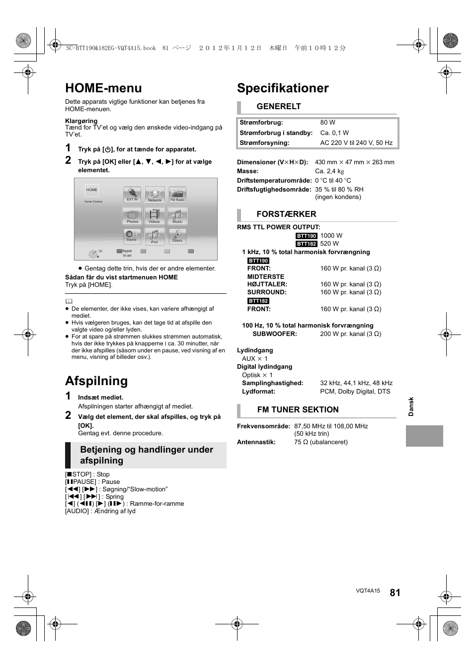 Home-menu, Afspilning, Specifikationer | Betjening og handlinger under afspilning, Generelt, Forstærker, Fm tuner sektion | Panasonic SCBTT182EG User Manual | Page 81 / 100