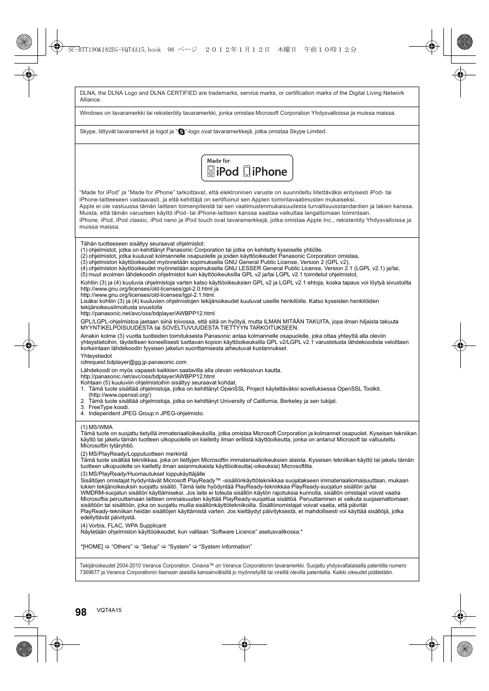Panasonic SCBTT182EG User Manual | Page 98 / 100