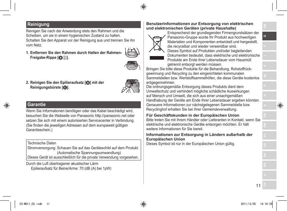 Reinigung, Garantie | Panasonic ESWU11 User Manual | Page 11 / 74