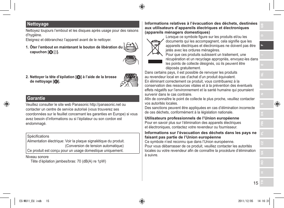 Nettoyage, Garantie | Panasonic ESWU11 User Manual | Page 15 / 74