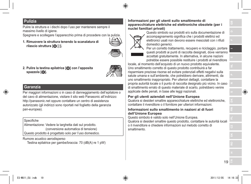 Pulizia, Garanzia | Panasonic ESWU11 User Manual | Page 19 / 74