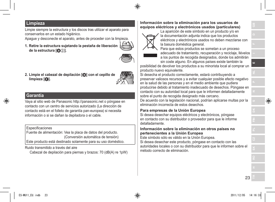 Limpieza, Garantía | Panasonic ESWU11 User Manual | Page 23 / 74