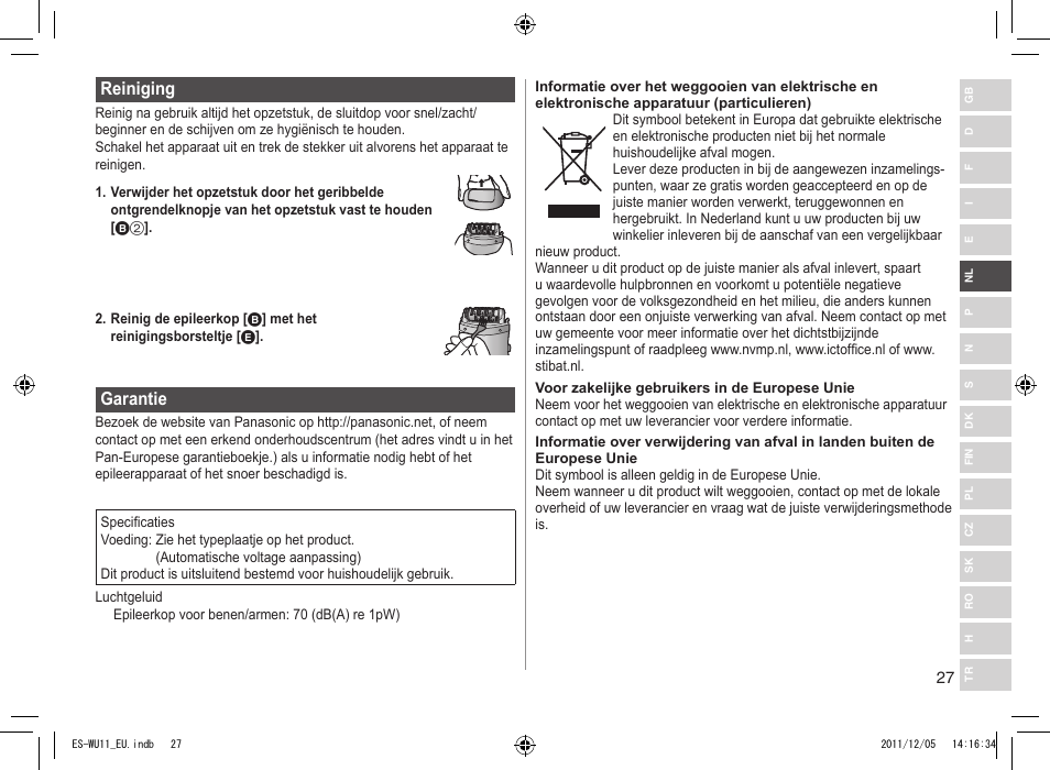 Reiniging, Garantie | Panasonic ESWU11 User Manual | Page 27 / 74