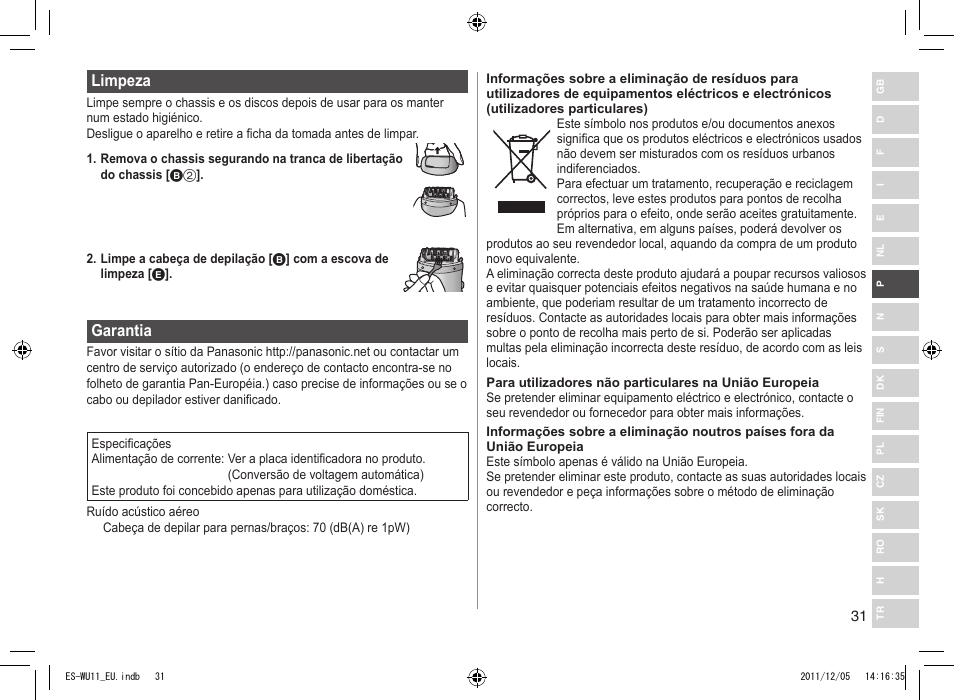 Limpeza, Garantia | Panasonic ESWU11 User Manual | Page 31 / 74