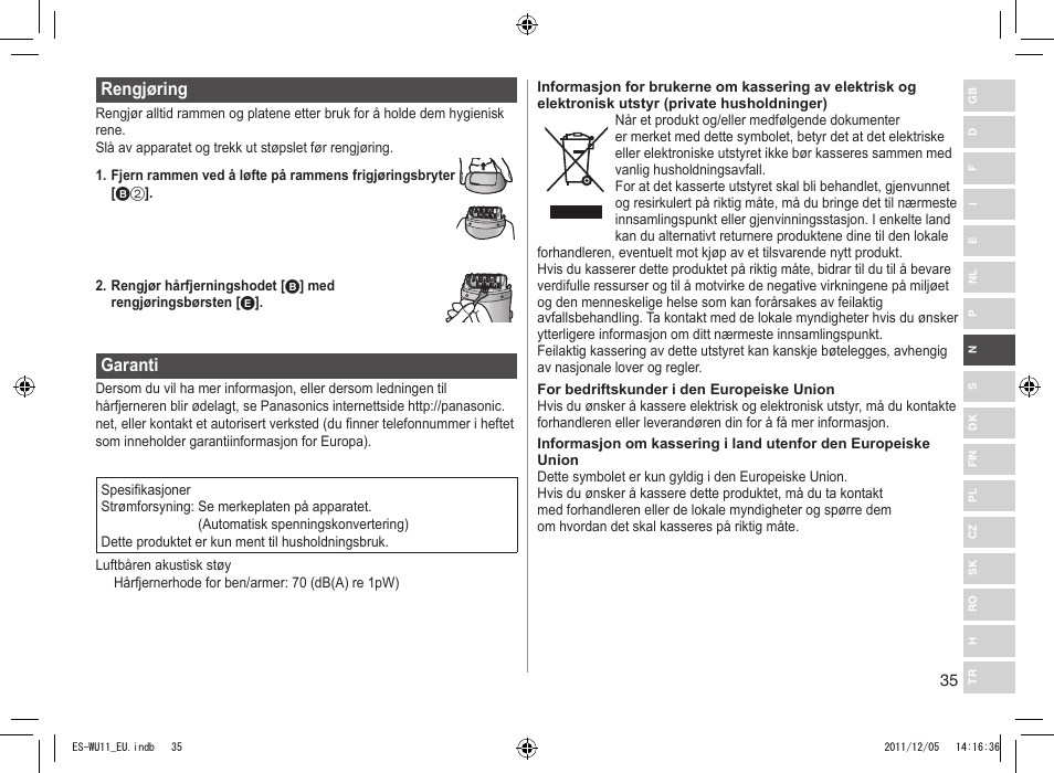 Rengjøring, Garanti | Panasonic ESWU11 User Manual | Page 35 / 74