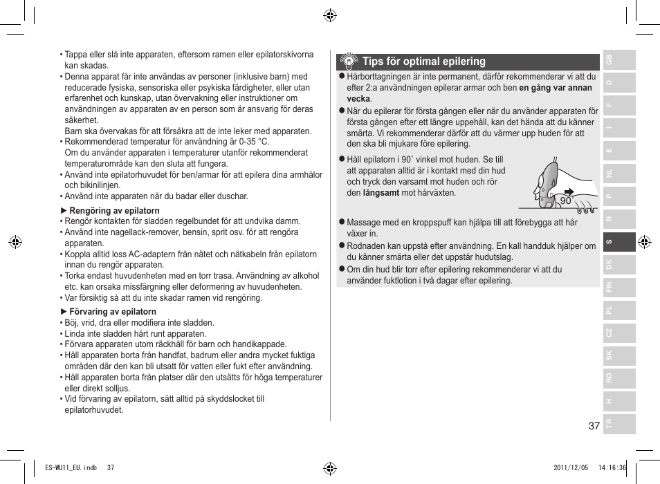 Tipsföroptimalepilering | Panasonic ESWU11 User Manual | Page 37 / 74