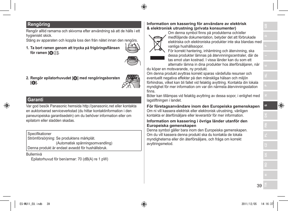 Rengöring, Garanti | Panasonic ESWU11 User Manual | Page 39 / 74