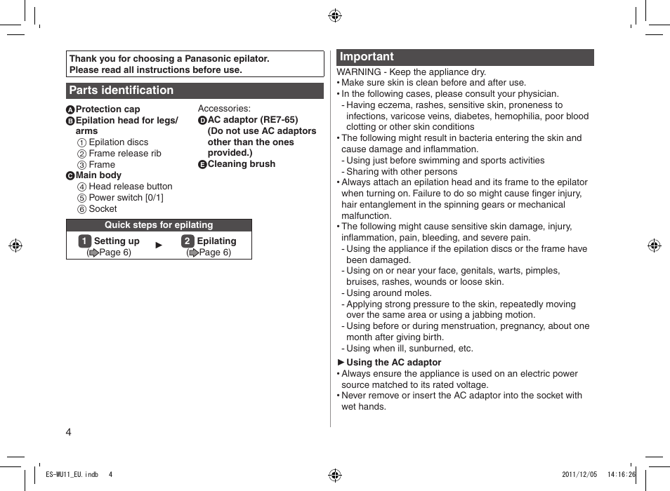 Panasonic ESWU11 User Manual | Page 4 / 74