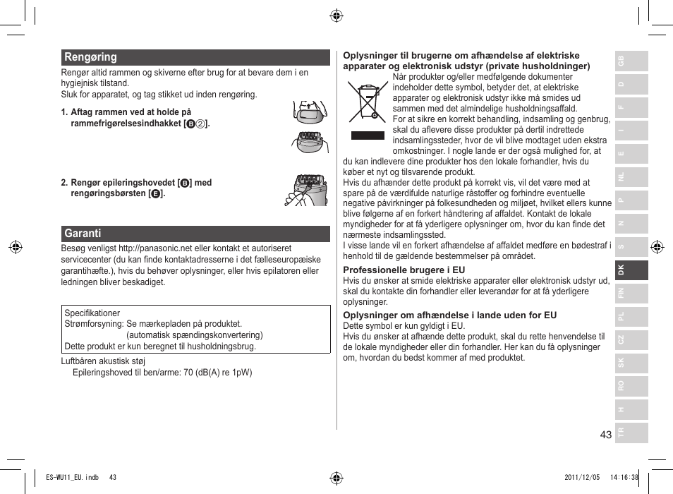 Rengøring, Garanti | Panasonic ESWU11 User Manual | Page 43 / 74