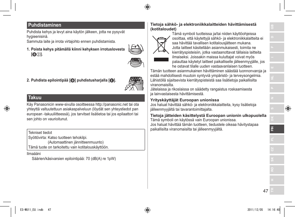 Puhdistaminen, Takuu | Panasonic ESWU11 User Manual | Page 47 / 74