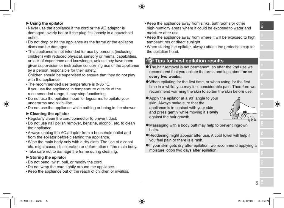 Tips for best epilation results | Panasonic ESWU11 User Manual | Page 5 / 74