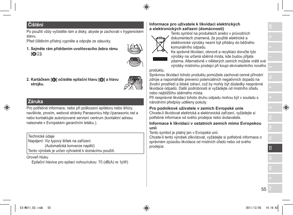 Čištění, Záruka | Panasonic ESWU11 User Manual | Page 55 / 74