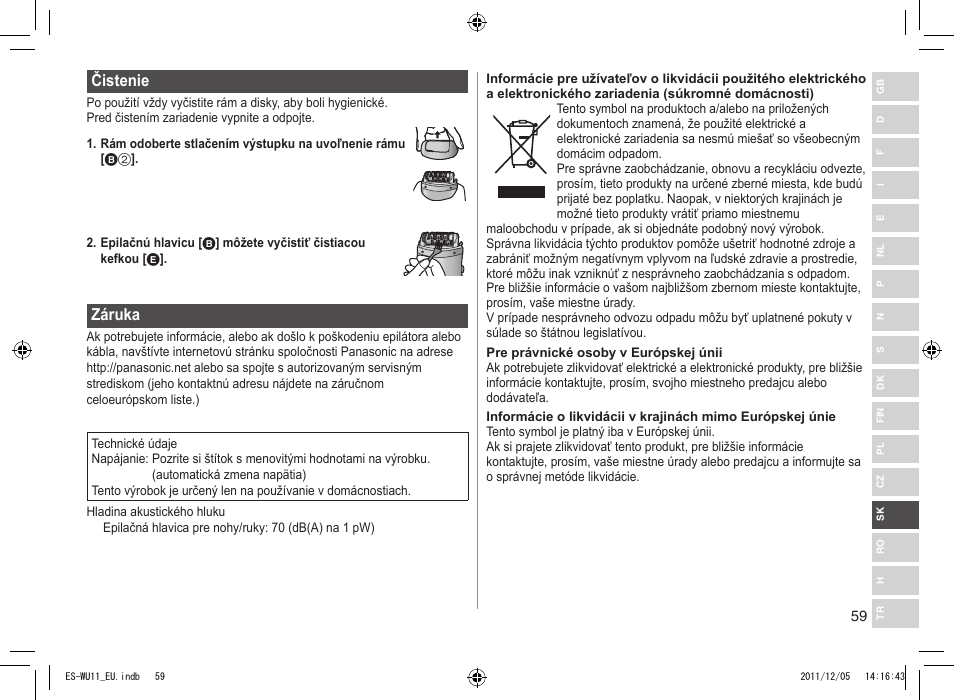 Čistenie, Záruka | Panasonic ESWU11 User Manual | Page 59 / 74