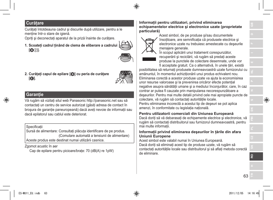 Curăţare, Garanţie | Panasonic ESWU11 User Manual | Page 63 / 74