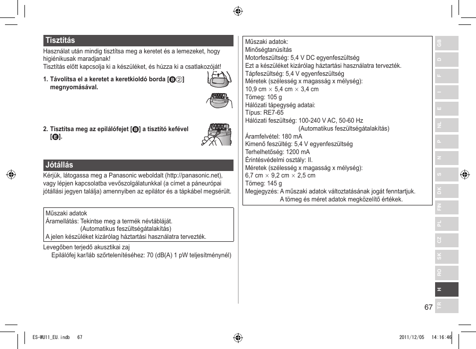 Tisztítás, Jótállás | Panasonic ESWU11 User Manual | Page 67 / 74