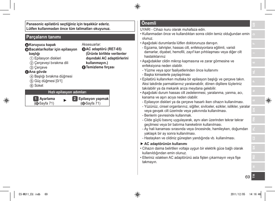 Parçalarıntanımı, Önemli | Panasonic ESWU11 User Manual | Page 69 / 74