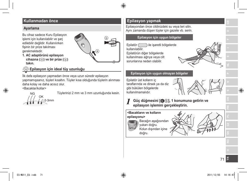 Kullanmadanönce, Epilasyonyapmak | Panasonic ESWU11 User Manual | Page 71 / 74