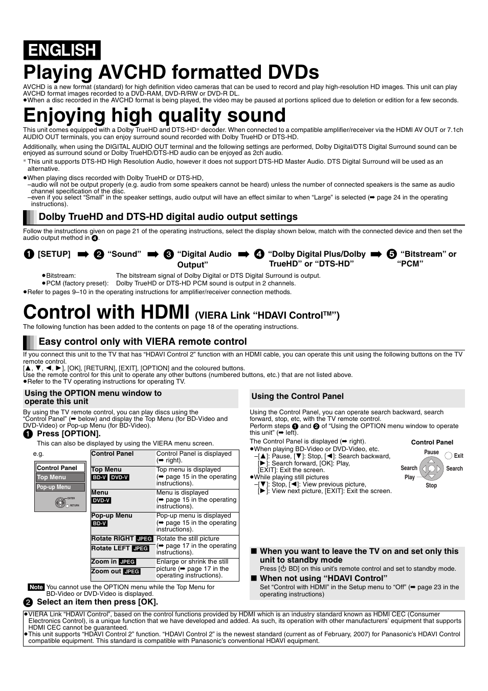 English] playing avchd formatted dvds, Enjoying high quality sound, Control with hdmi | Viera link “hdavi control, Easy control only with viera remote control | Panasonic DMPBD10AEG User Manual | Page 2 / 8