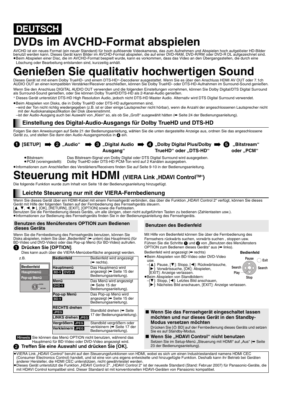 Deutsch] dvds im avchd-format abspielen, Genießen sie qualitativ hochwertigen sound, Steuerung mit hdmi | Viera link „ hdavi control, Leichte steuerung nur mit der viera-fernbedienung | Panasonic DMPBD10AEG User Manual | Page 3 / 8
