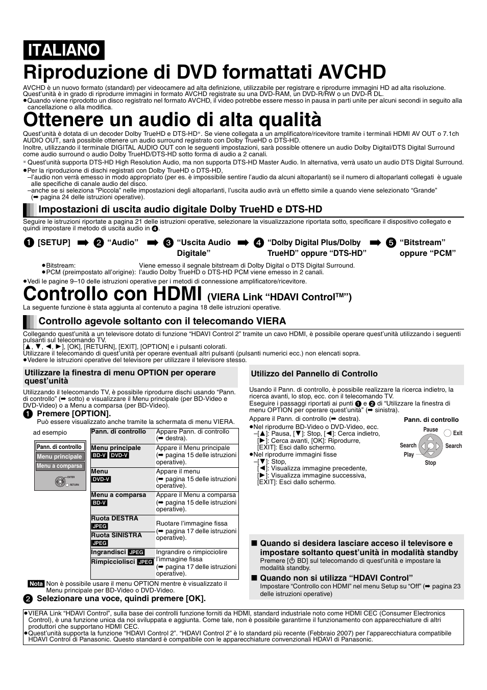 Italiano] riproduzione di dvd formattati avchd, Ottenere un audio di alta qualità, Controllo con hdmi | Viera link “hdavi control | Panasonic DMPBD10AEG User Manual | Page 4 / 8