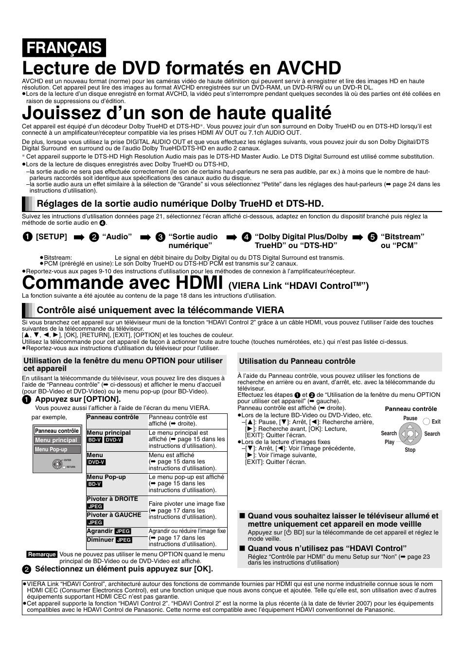Français] lecture de dvd formatés en avchd, Jouissez d’un son de haute qualité, Commande avec hdmi | Viera link “hdavi control | Panasonic DMPBD10AEG User Manual | Page 5 / 8