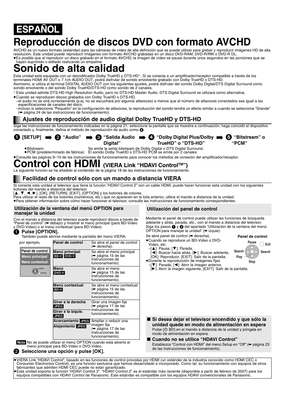 Español, Reproducción de discos dvd con formato avchd, Sonido de alta calidad | Control con hdmi, Viera link “hdavi control | Panasonic DMPBD10AEG User Manual | Page 6 / 8