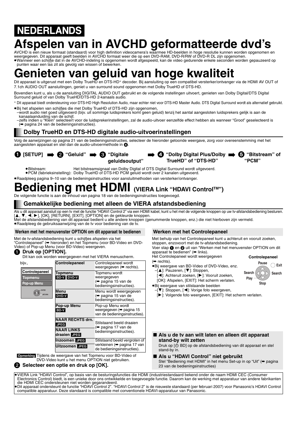 Genieten van geluid van hoge kwaliteit, Bediening met hdmi, Viera link “hdavi control | Panasonic DMPBD10AEG User Manual | Page 7 / 8
