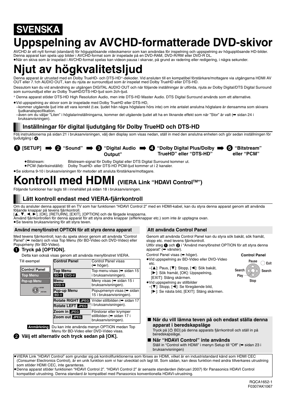 Njut av högkvalitetsljud, Kontroll med hdmi, Viera link “hdavi control | Lätt kontroll endast med viera-fjärrkontroll | Panasonic DMPBD10AEG User Manual | Page 8 / 8