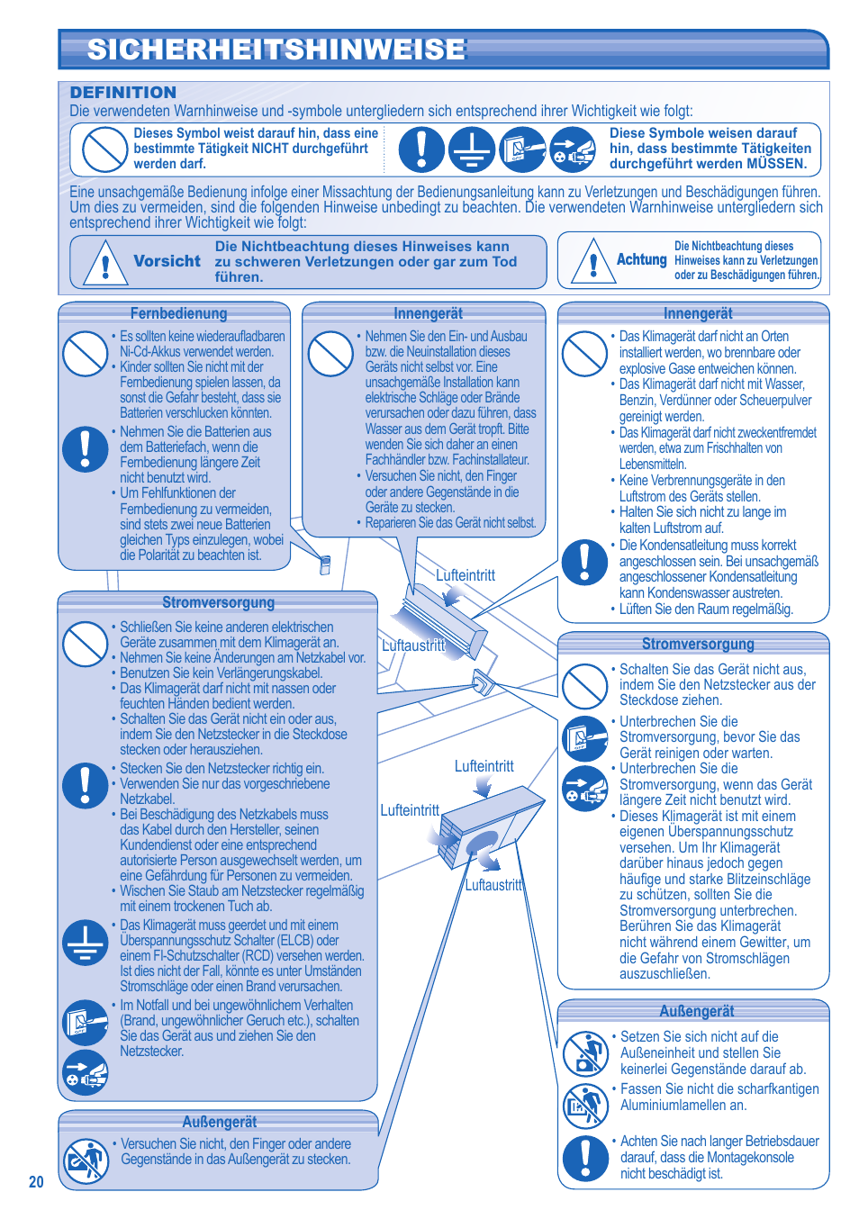 Sicherheitshinweise sicherheitshinweise | Panasonic CSRE12HKE User Manual | Page 20 / 60