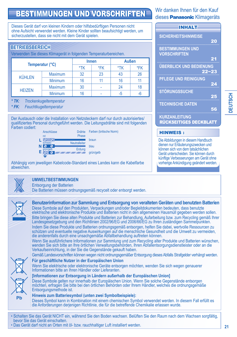 Wir danken ihnen für den kauf dieses klimageräts | Panasonic CSRE12HKE User Manual | Page 21 / 60