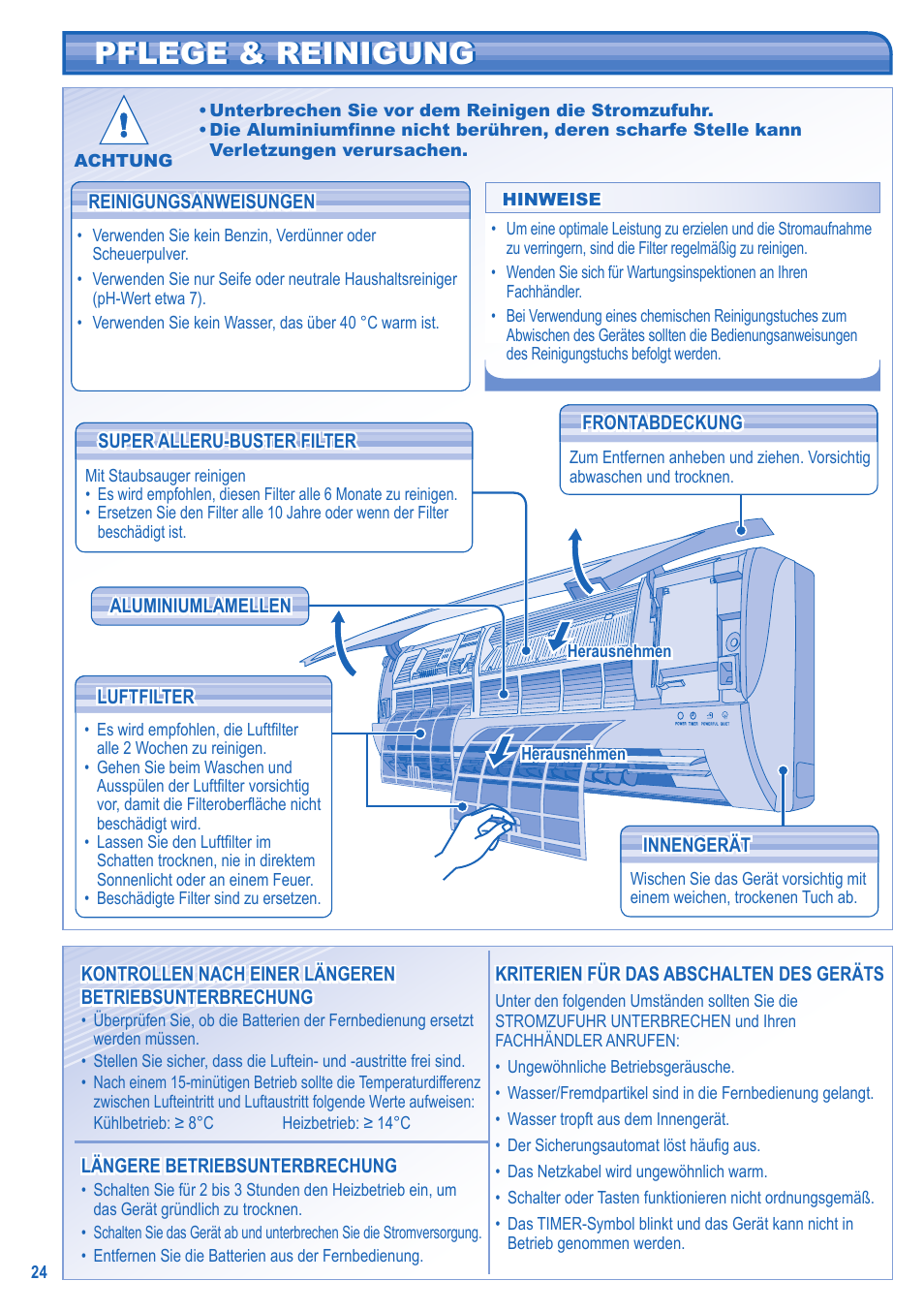 Pflege & reinigung pflege & reinigung | Panasonic CSRE12HKE User Manual | Page 24 / 60