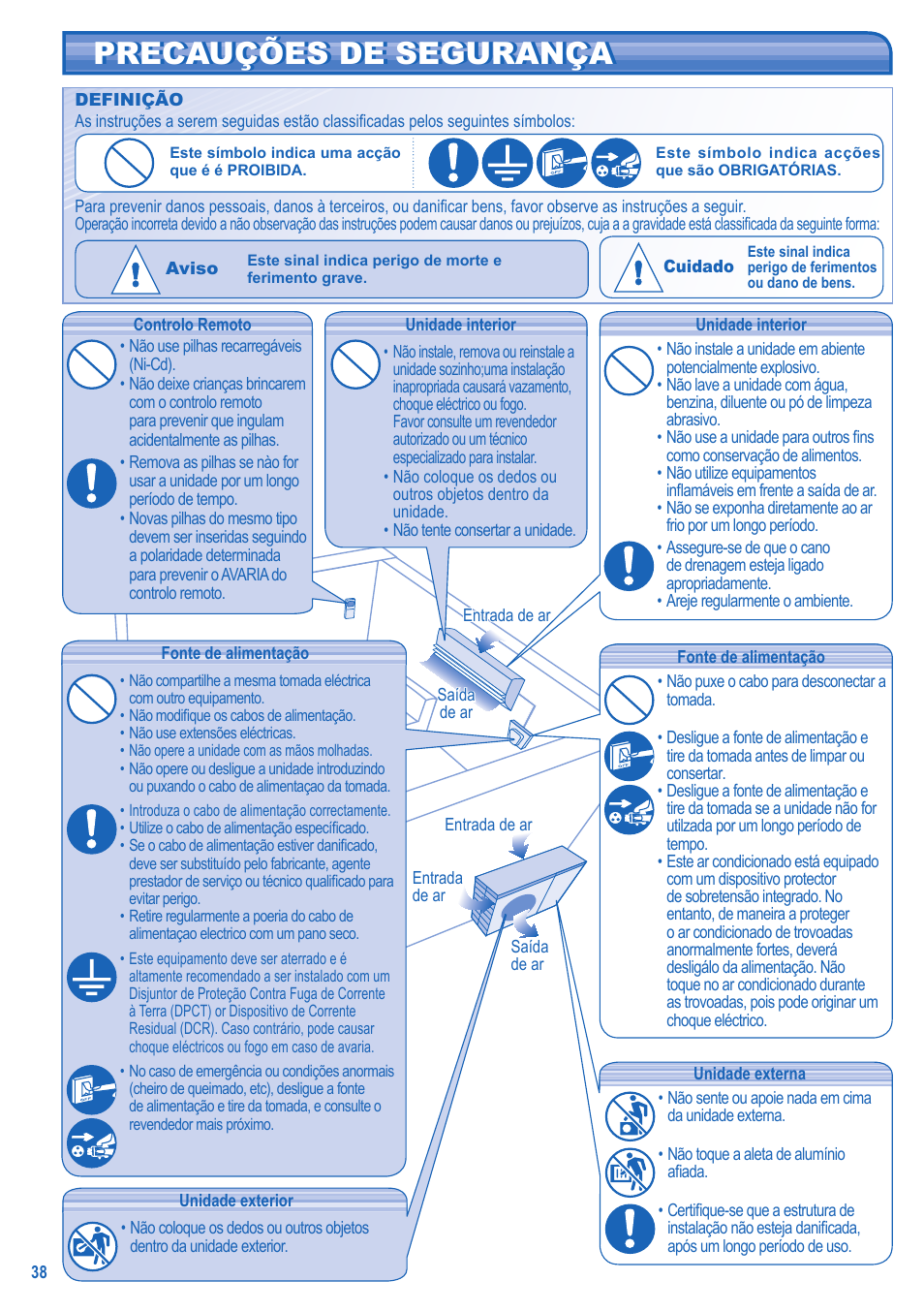 Precauções de segurança precauções de segurança | Panasonic CSRE12HKE User Manual | Page 38 / 60