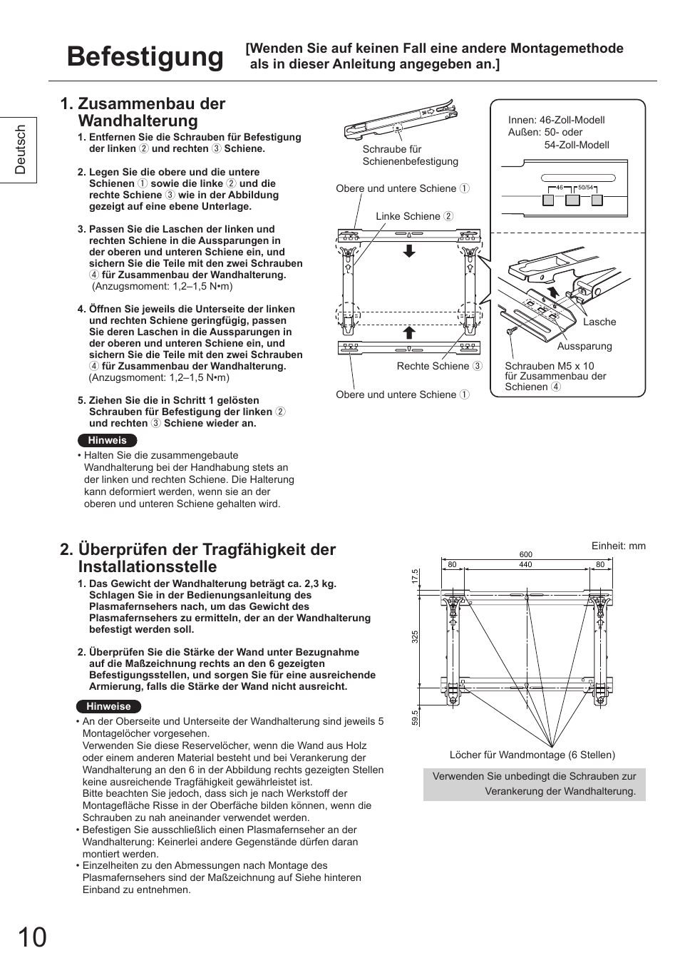 Befestigung, Zusammenbau der wandhalterung, Deutsch | Panasonic TYWK5P1SW User Manual | Page 10 / 80