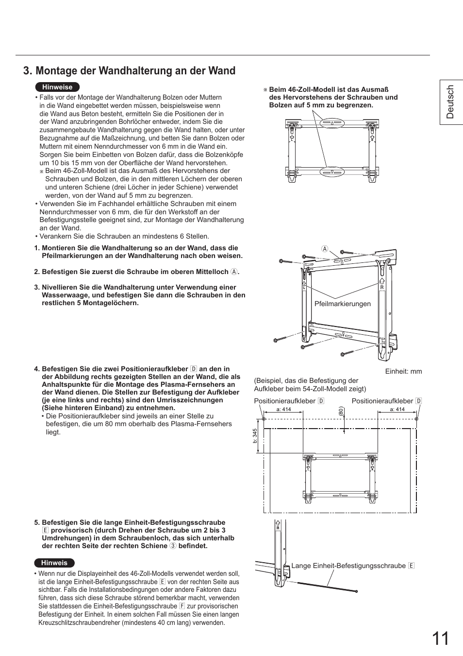 Montage der wandhalterung an der wand, Deutsch | Panasonic TYWK5P1SW User Manual | Page 11 / 80