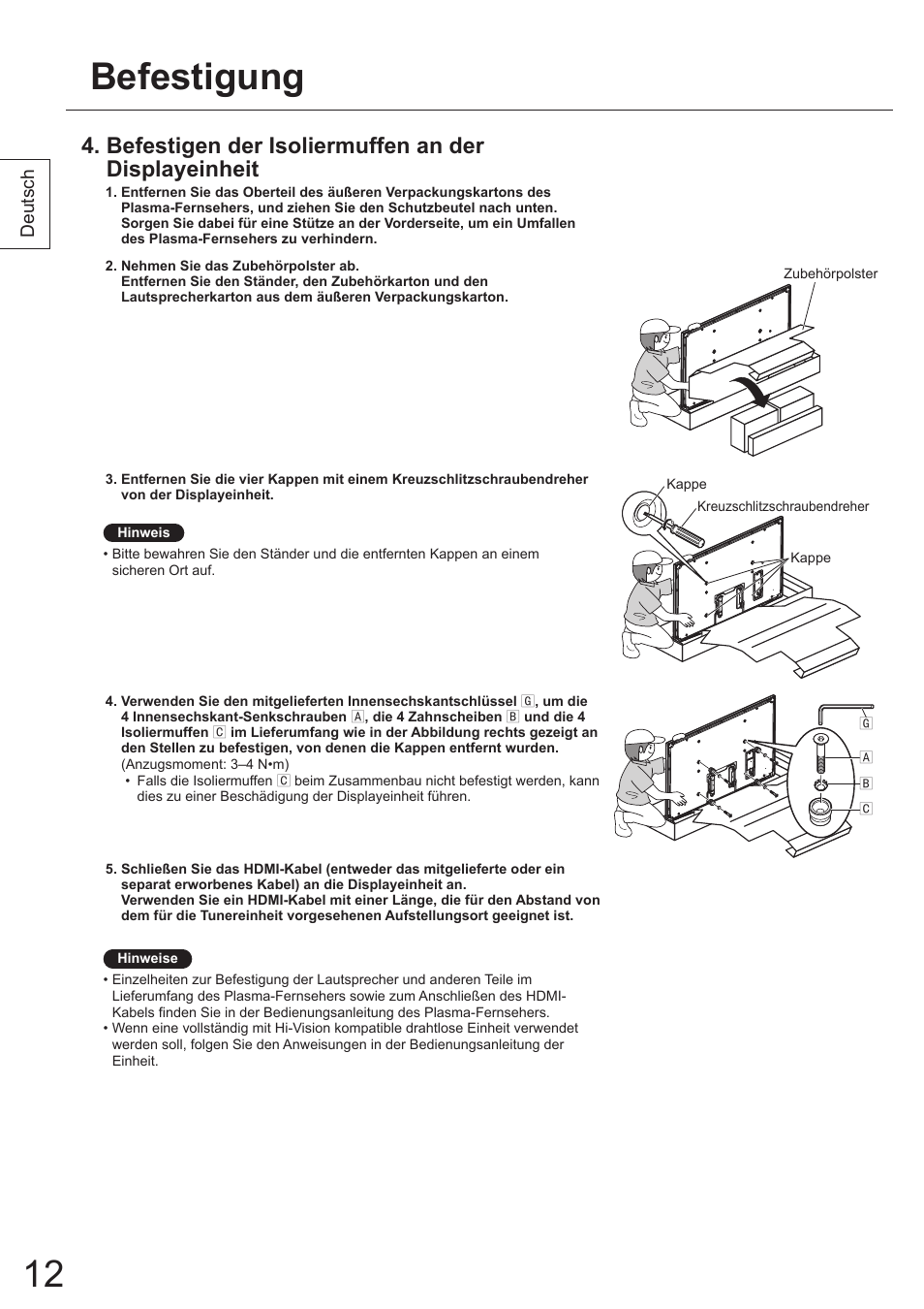 Befestigung, Befestigen der isoliermuffen an der displayeinheit | Panasonic TYWK5P1SW User Manual | Page 12 / 80