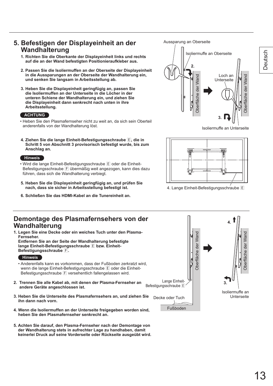 Befestigen der displayeinheit an der wandhalterung, Deutsch | Panasonic TYWK5P1SW User Manual | Page 13 / 80