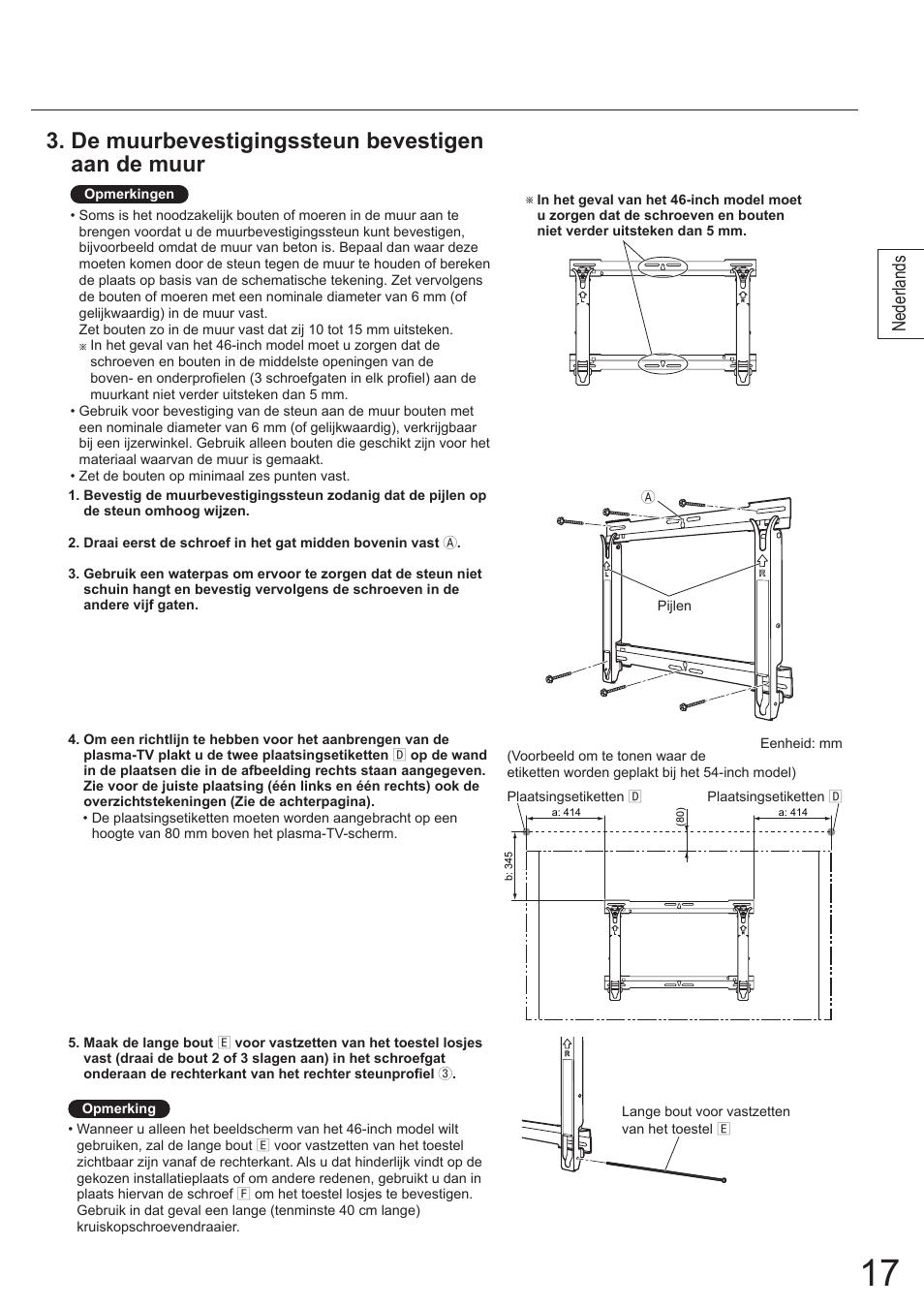 De muurbevestigingssteun bevestigen aan de muur, Nederlands | Panasonic TYWK5P1SW User Manual | Page 17 / 80