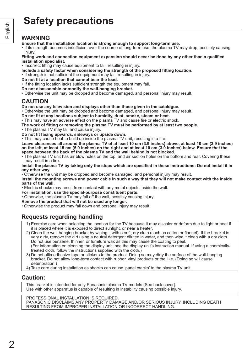 2safety precautions, Warning, Caution | Requests regarding handling | Panasonic TYWK5P1SW User Manual | Page 2 / 80