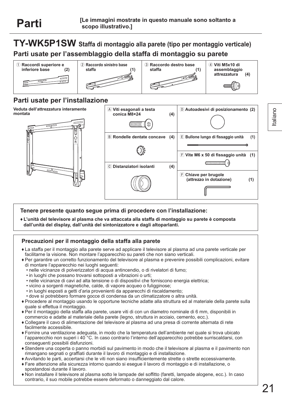 Parti, Ty-wk5p1sw, Parti usate per l’installazione | Panasonic TYWK5P1SW User Manual | Page 21 / 80