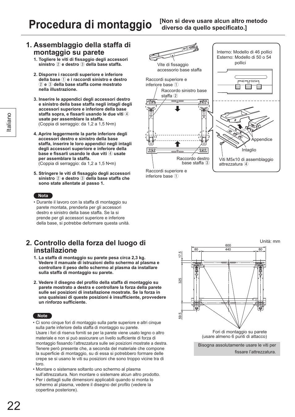 Procedura di montaggio, Assemblaggio della staffa di montaggio su parete, Controllo della forza del luogo di installazione | Italiano | Panasonic TYWK5P1SW User Manual | Page 22 / 80