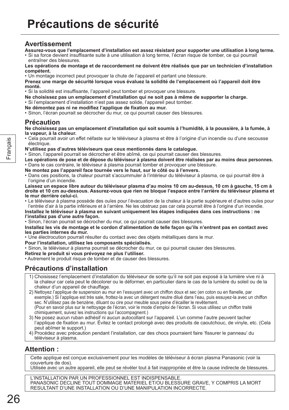 Précautions de sécurité, Avertissement, Précaution | Précautions d’installation, Attention | Panasonic TYWK5P1SW User Manual | Page 26 / 80