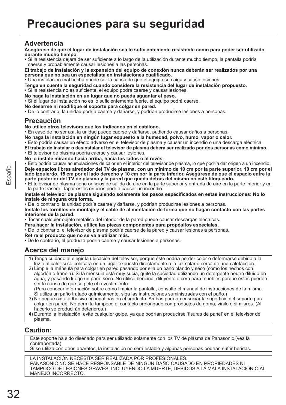 Precauciones para su seguridad, Advertencia, Precaución | Acerca del manejo, Caution | Panasonic TYWK5P1SW User Manual | Page 32 / 80